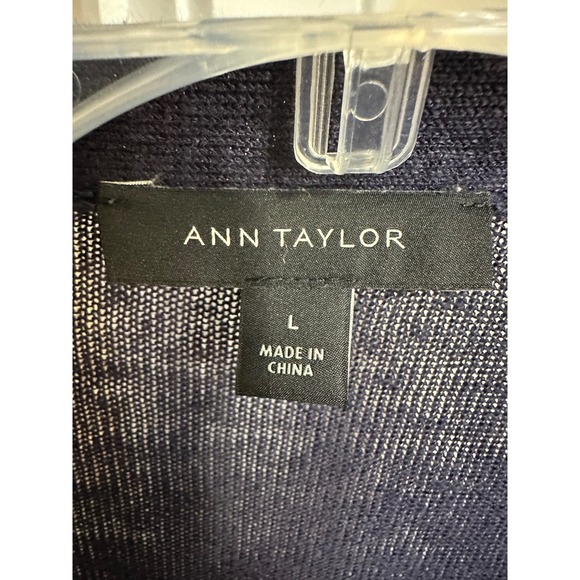 Ann Taylor Navy Blue Linen Blend Lightweight Open Front Cardigan Sweater Sz L - Picture 4 of 5